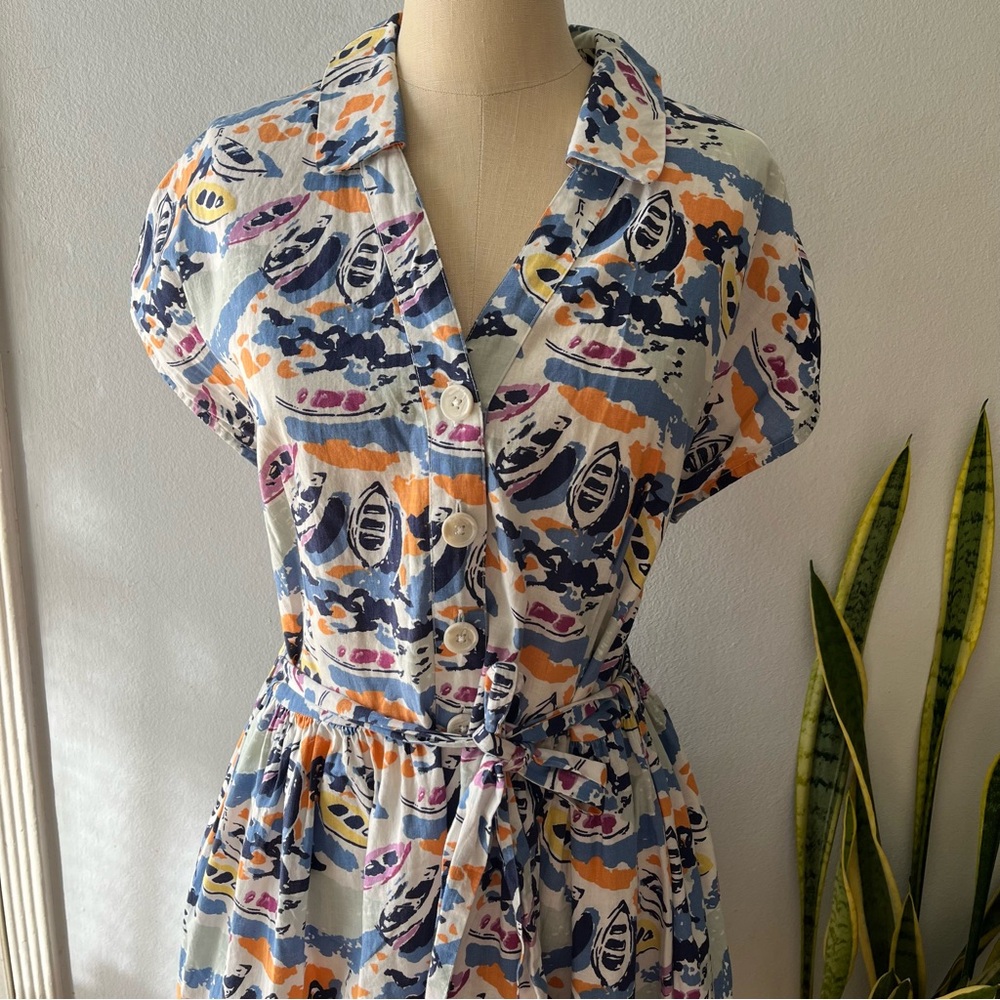 Boden• Retro Rowboats Cotton Linen Belted Fit & Flare Shirt Dress•Size 10 - Picture 15 of 16